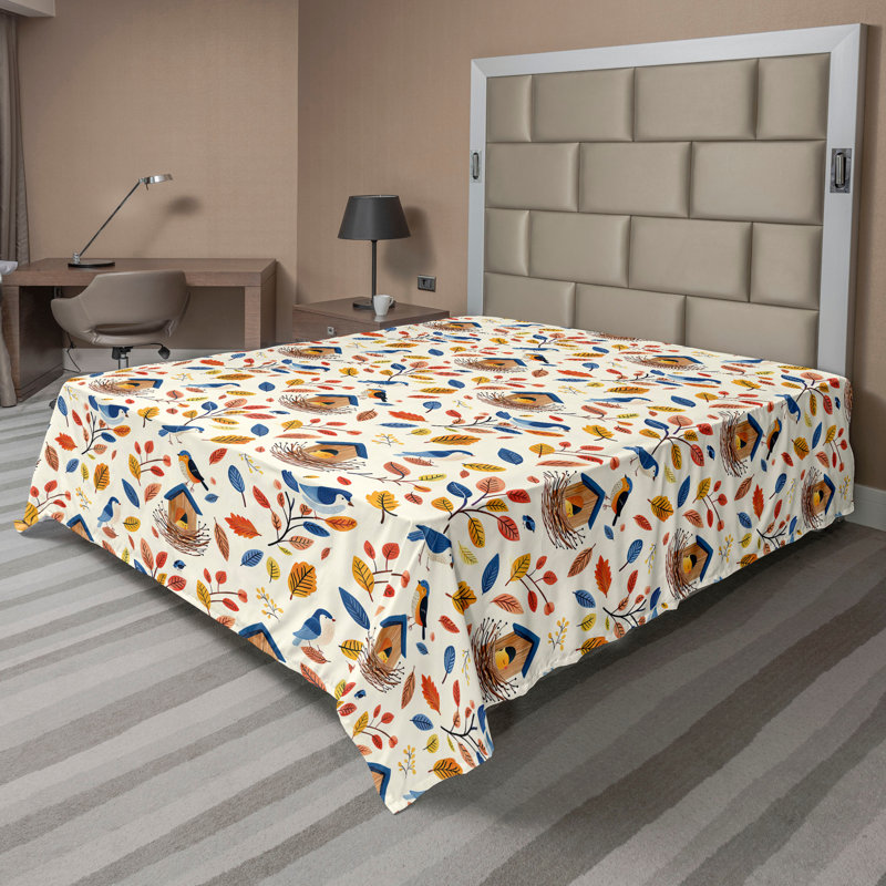 Drap plat moderne de style bohème Ambesonne, Drap plat de taille très grand, Bleu / terre de Sienne brûlée / motif floral mou