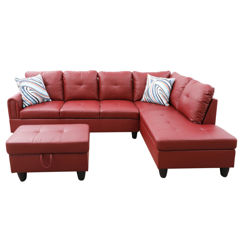 Jayzen 3 - Piece Vegan Sectional, Left Hand Facing, Black, Red Faux Leather