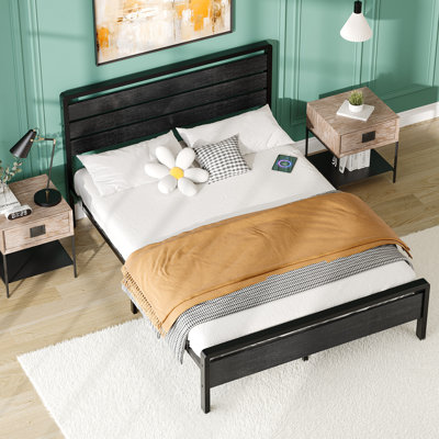 Full Size Black Bed Frame With Led Light And Charging Station, Metal Platform Bed With Wood Headboard