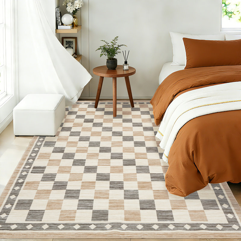 5 x 7 Checkered Area Rug, Abstract Washable Soft Rugs for Living Room, Modern Geometric Non Slip Low Pile Carpet for Bedroom, Dining Room, Beige