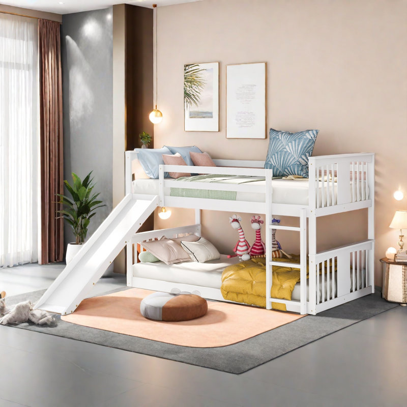 Lit superposé bas avec glissière réversible, Double sur double, Blanc