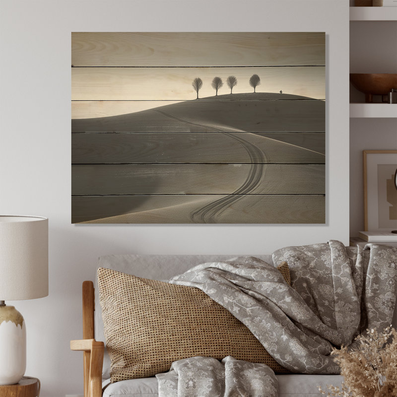 Black And White Road Photography I - Road Wood Art On Natural Pine Wood, 10" H x 20" W