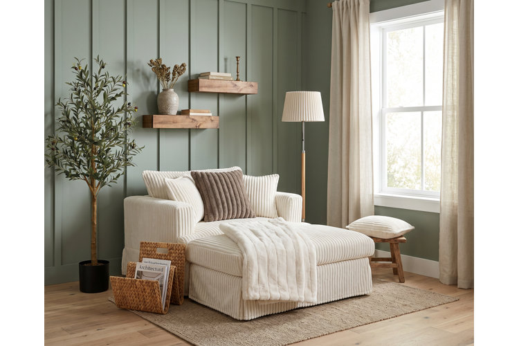 modern farmhouse reading nook with sage green shiplap walls, an extra-wide armchair and chaise in ivory chenille upholstery, jute area rug, and wicker magazine holder