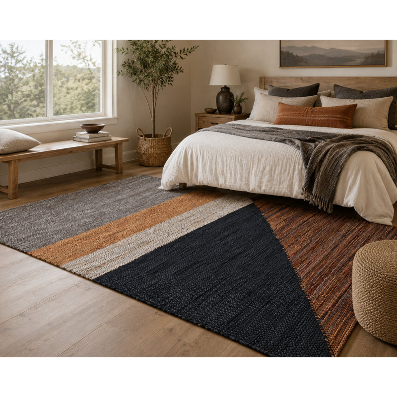Tapis brun / gris en cuir / coton fait à la main Brundage, Rectangle 5 pi x 8 pi
