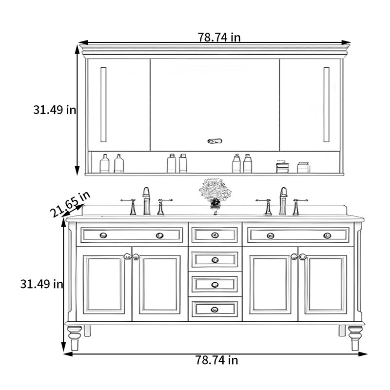 Armoire de salle de bain américaine, H 31,49 po x l 78,74 po x P 21,65 po