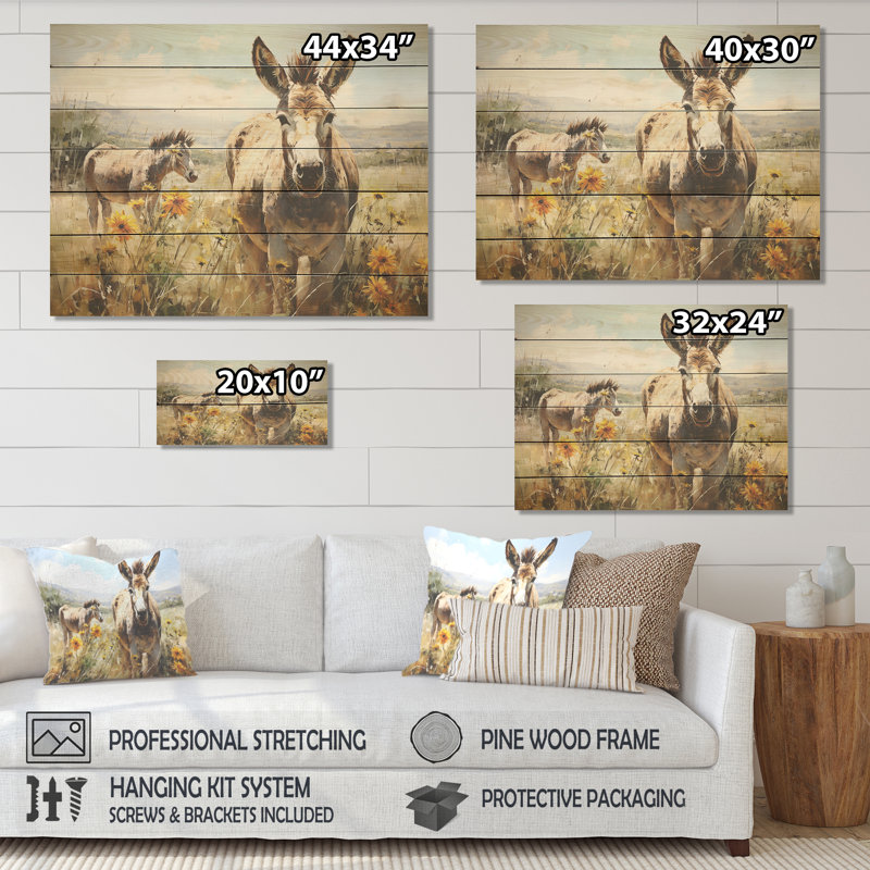 «Donkey Flower Meadow Landscape I» - impression d'âne sur bois, H 10 po x l 20 po