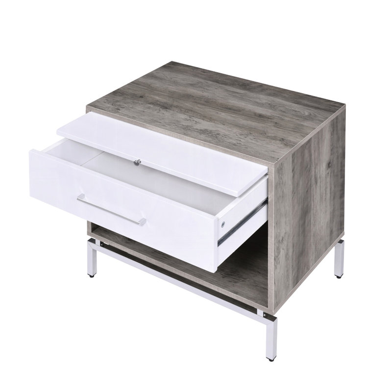 Table de chevet moderne avec tablette ouverte et 1 tiroir, chêne blanc gris