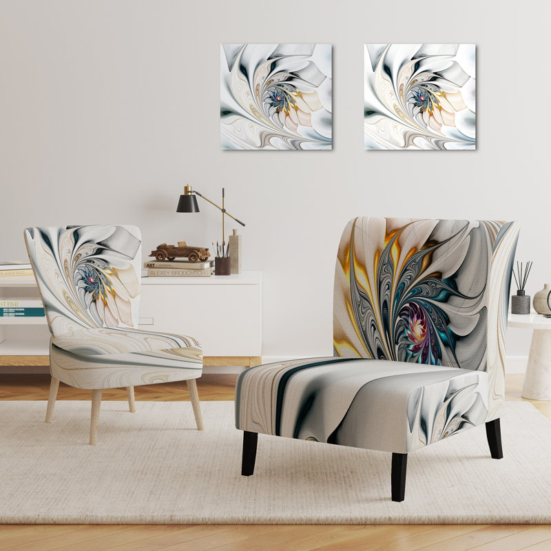 White Stained Glass Floral Spiral - Velvet Upholstered Floral Slipper Chair, White/Gray/Gold