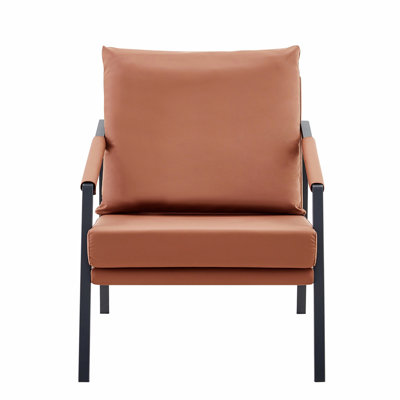 Modern Faux Leather Accent Chair, Upholstered Single Sofa Armchair with Sturdy Black Metal Frame, Industrial Lounge Reading Chair for Living Room Bedroom Office Waiting Room, brown