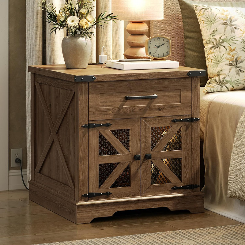 Table d'appoint de style champêtre de 60 cm de large avec tiroir, table de chevet carrée en noyer avec station de recharge, table de chevet