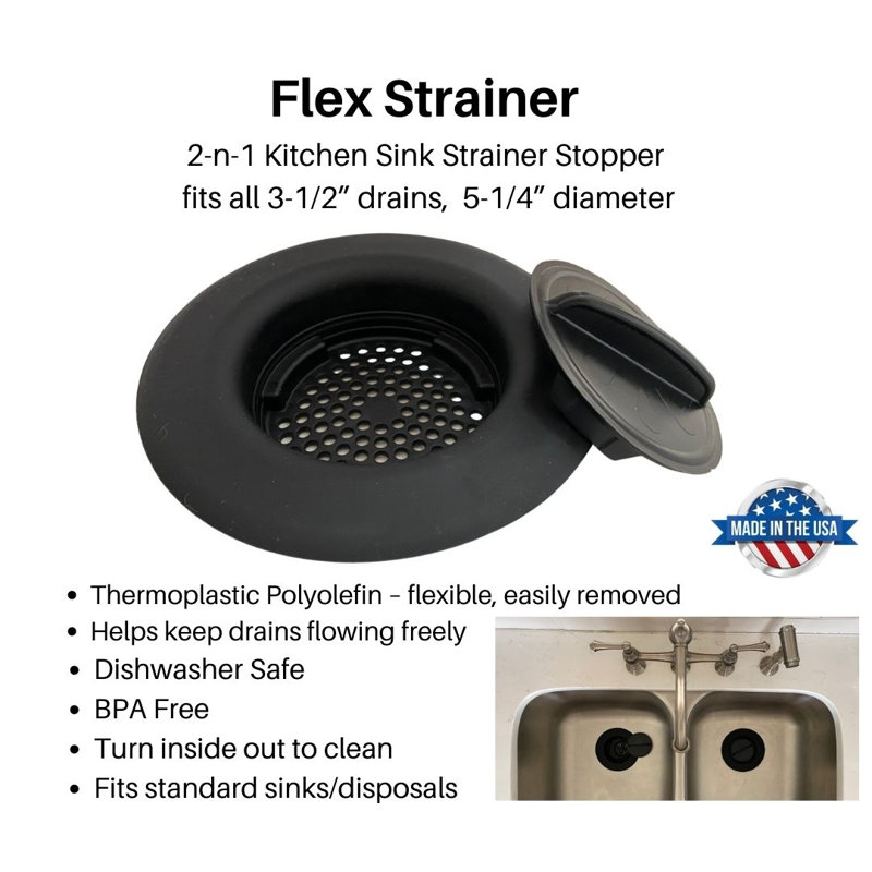 Flex Crépine, crépine et bouchon d'évier 2N1 s'adapte à la plupart des drains et des éliminations de 3,5 po, noir, paquet de 1