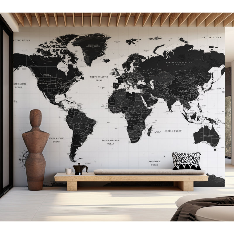 Papier peint carte du monde - carte en noir et blanc, L 59 po x L 41 po
