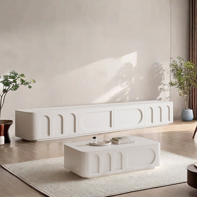 TV Stand and Coffee Table Set with Enclosed Bottom, White