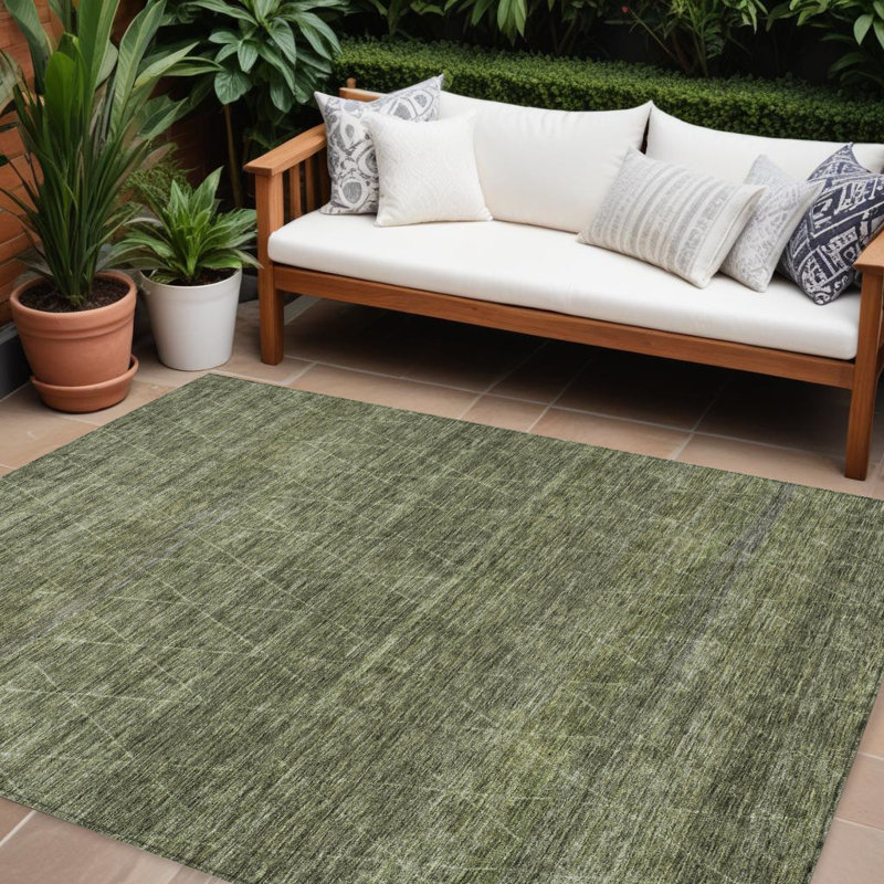 Tapis intérieur / extérieur vert olive et ivoire lavable géométrique 10 pi x 14 pi
