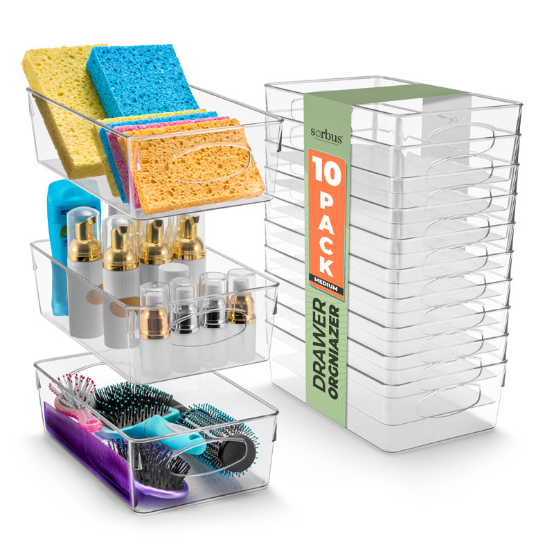 Paquet de 10 bacs de rangement étroits en plastique transparent avec poignées pour tablettes Sorbus, moyen