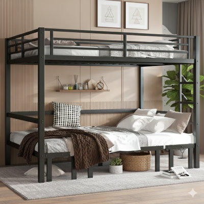 Grand lit superposé en métal avec mécanisme coulissant Le lit inférieur se prolonge en trois sections. Le lit supérieur comprend des rails de sécurité. Finition noire.