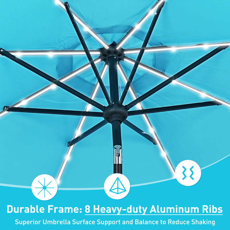 Arlmont & Co. 10 ft Solar Patio Umbrellas with LED lights, Blue
