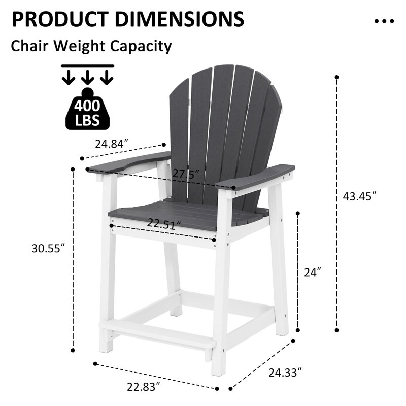 Chaise de bar d'extérieur Hdpe Adirondack, Gris / Blanc