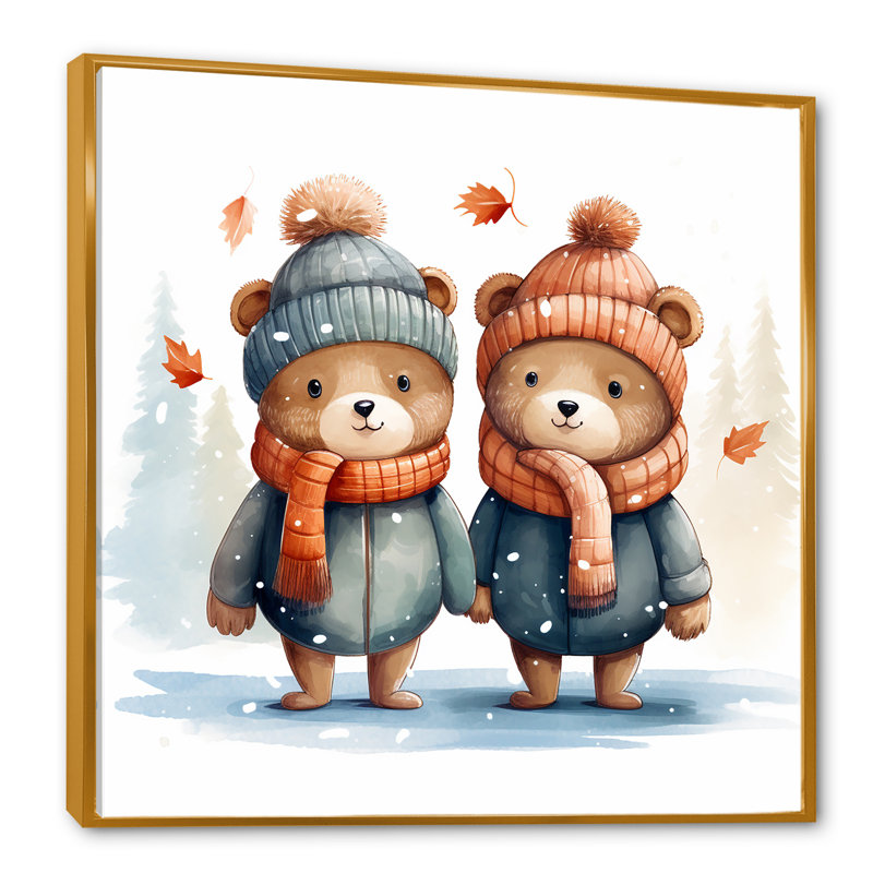 Charmant ours en peluche, ours d'hiver II - art mural de l'ours en peluche, H 16 po x l 16 po x P 1 po, Cadre flottant doré