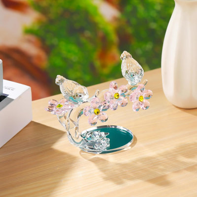 Crystal Bird Pair on Blossoming Branch Figurine with Pink Flowers