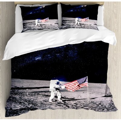 Outer Space Moon Astronaut on Universe with American Flag Milky Way Future Picture Duvet Cover Set -  Ambesonne, nev_19913_queen