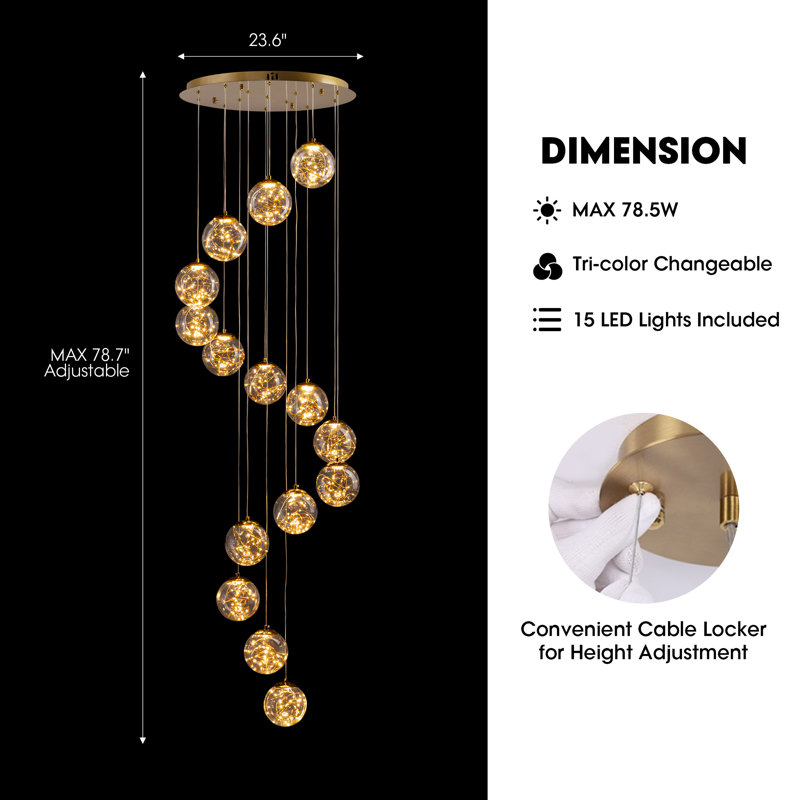 15-Light Modern LED Globe Gold Staircase Chandelier with Adjustable Height