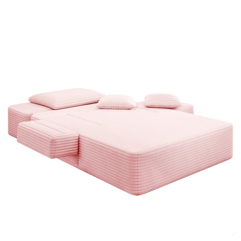 Luxueuse chaise longue en velours côtelé avec 3 coussins, canapé-lit convertible avec poche de rangement, conception sans cadre et mousse de compression pour les petits espaces, salon, appartement