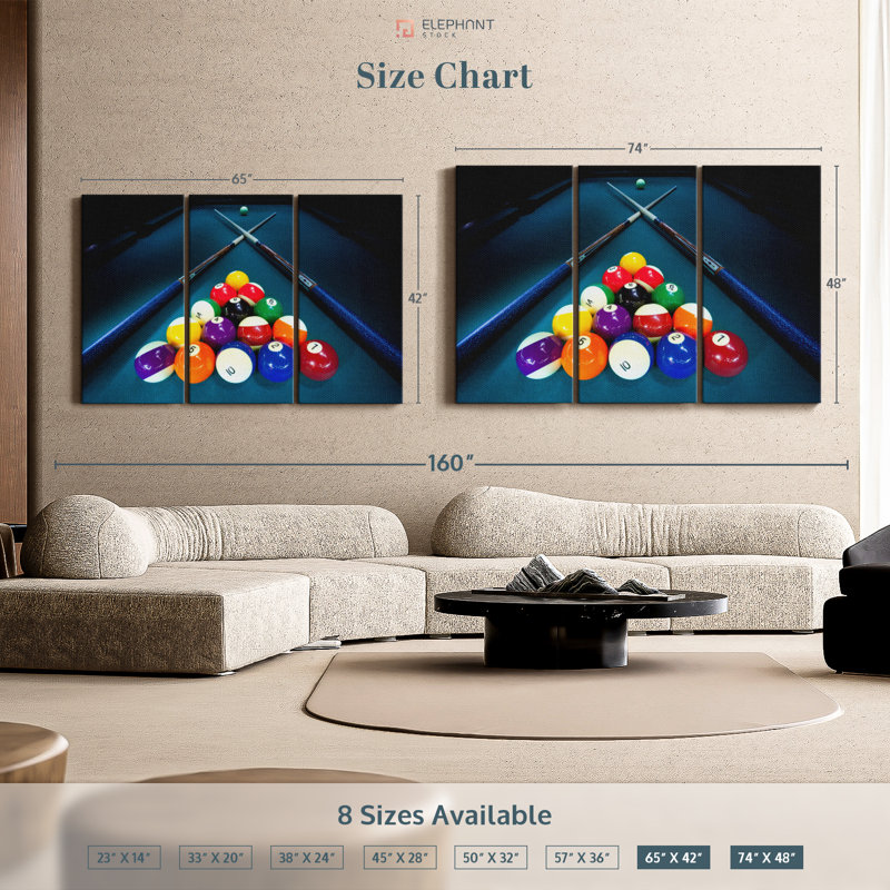 «Billiard Cue Stick Triangle», 3 pièces sur toile, H 48 po x l 74 po x P 1,25 po