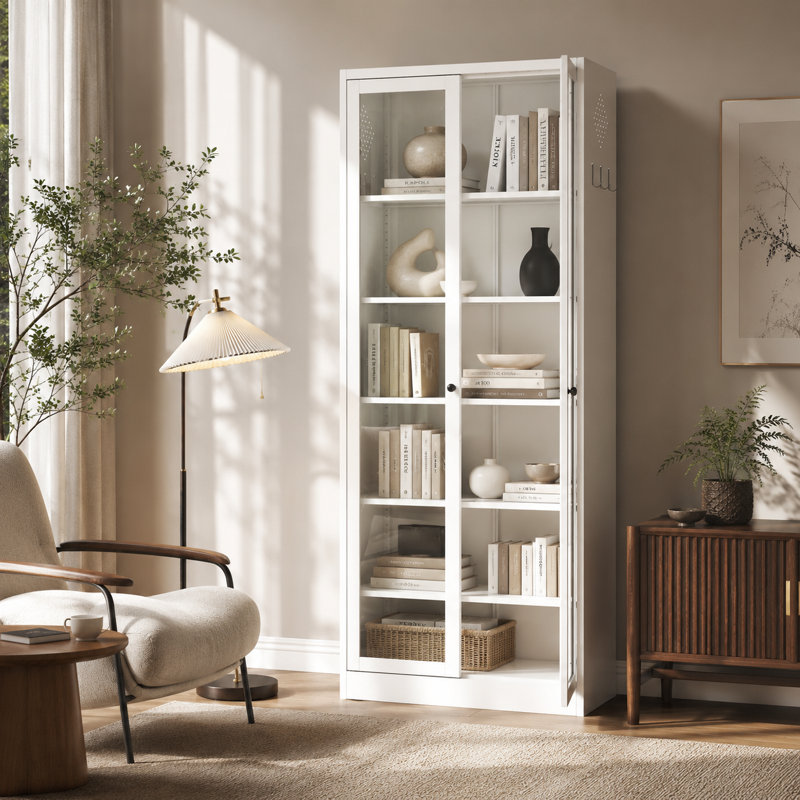 White 72 Inch 2 Door Metal Storage Cabinet with Tempered Glass Doors, 5 Adjustable Shelves for Kitchen Pantry Home Office