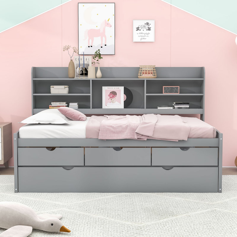 Binnings Twin Size Wood Platform Bed with Shelves and Twin Size Trundle, Light Gray