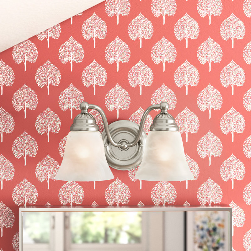 Moyer 2-Light 13 inch Wide Brushed Nickel Traditional Bathroom Vanity Lighting Fixture, White Alabaster Glass Shade, Dimmable, LED Compatible, Over the Mirror Mounted Steel Wall Sconce