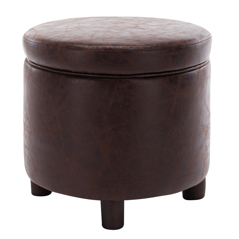 19'' Round Storage Ottoman With Lift-Off Lid, Brown Faux Leather Upholstered Footrest Stool With Storage, Wooden Legs For Living Room, Bedroom, Entryway