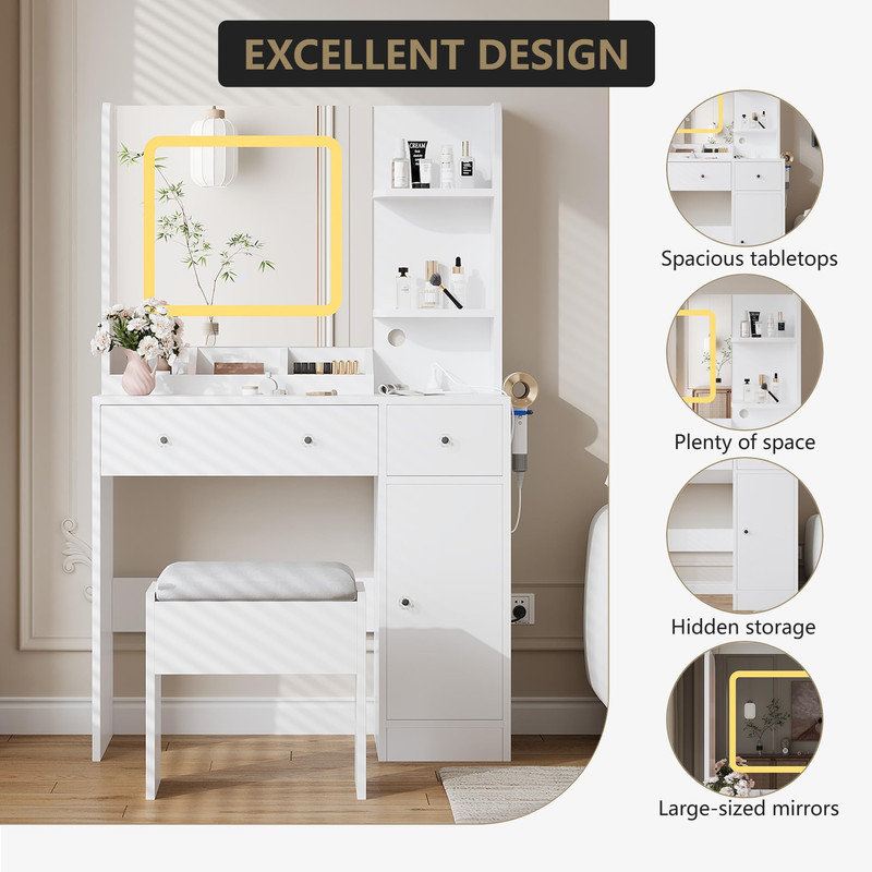 Bureau de coiffeuse moderne à DEL avec miroir, 3 modes d'éclairage, station de charge, 3 tiroirs, tablettes ouvertes, coiffeuse compacte avec tabouret