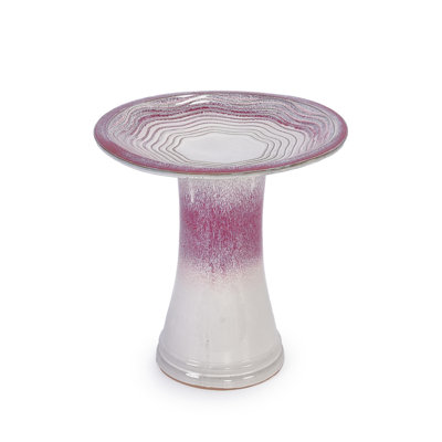Patio Birdbath In Rose Ombre Ceramic, Elegant Striped Design, Frost And Weather , 16.63 Inches Deep Ceramic For Courtyard With Effect, Stable, Wide