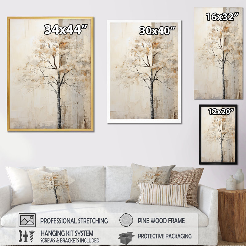 Chêne beige solitude sur toile, H 44 po x l 34 po x P 1,5 po, Cadre flottant blanc