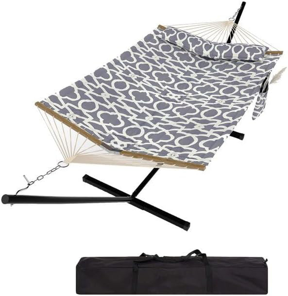 370cm 2 Person Hammock with Heavy Duty Metal Stand, Cotton Polyester Outdoor Hammock 204kg Weight Capacity with Carry Bag, Blue & Green for Patio Garden Backyard Camping Beach
