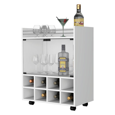 Chariot-bar à 8 tablettes en blanc avec porte double en verre élégant et perfectionné