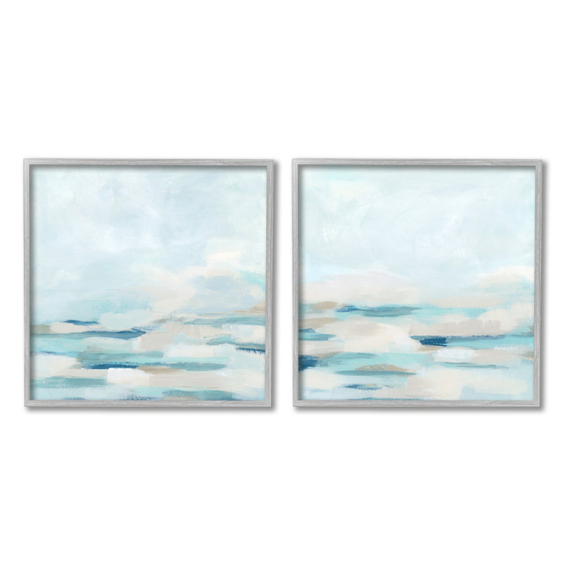 Abstrait océan vagues, paysage panoramique, ciel nuageux, ensemble de 2 giclées d'art texturé par June Erica Vess