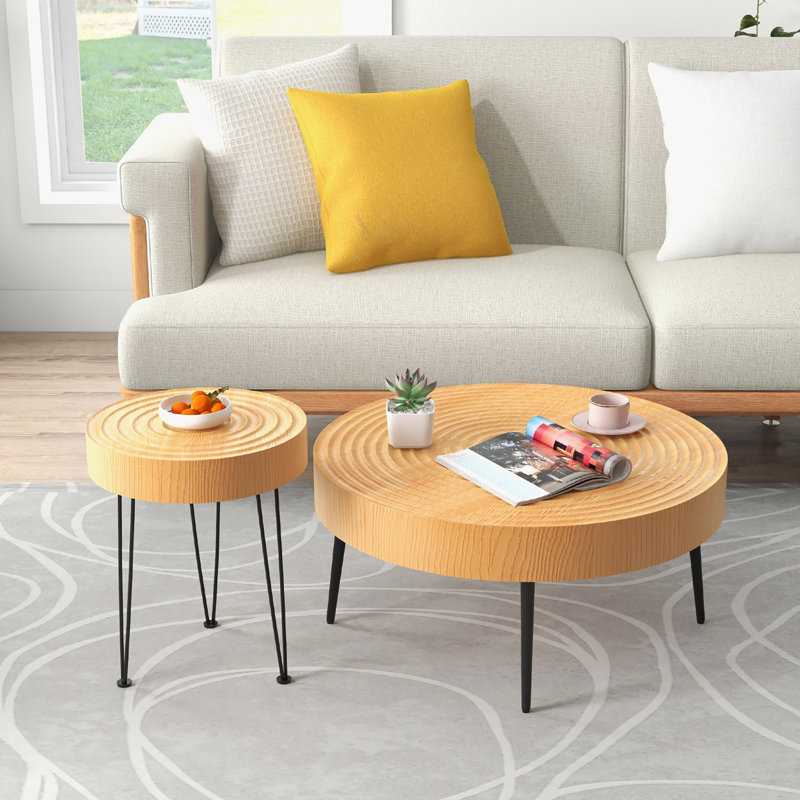 Round Natural Wood and Metal Nesting Coffee Table Set