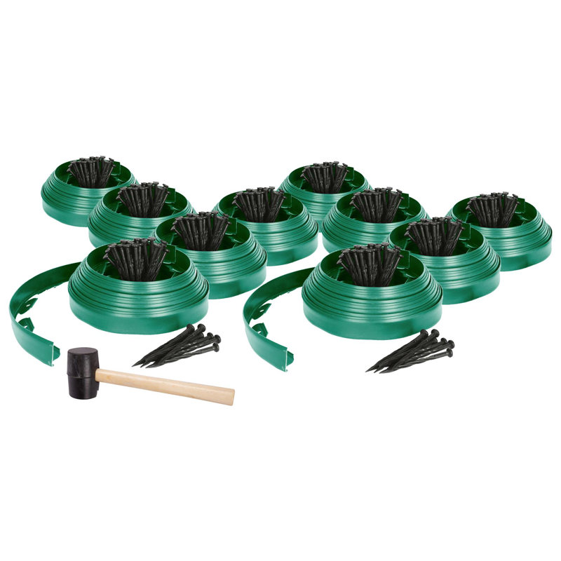 Harbour Housewares Plastic Lawn Edging Kit 100m x 4cm with 400 Pegs & Mallet, Green