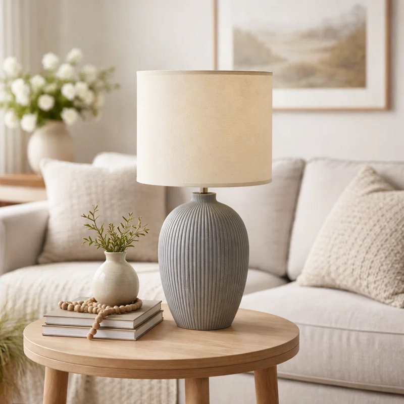 Fera Table Lamp, Gray Ceramic Base, Ivory Linen Drum Shade, 18 Inch, Gray