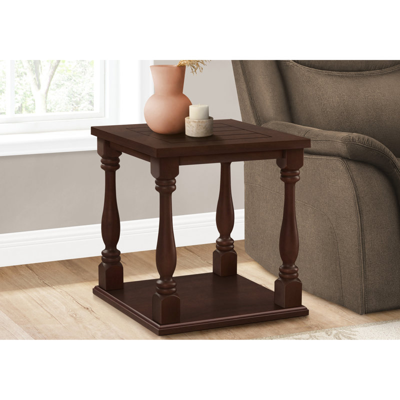 Table d'appoint en placage brun, table de bout carrée à 2 niveaux avec pieds tournés, conception peu encombrante