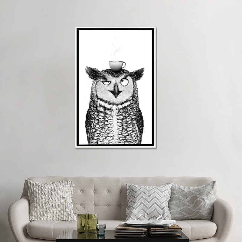 Hibou avec cappuccino - reproduction d'art murale - toile encadrée, 48 po x 32 po, Framed Canvas, Blanc