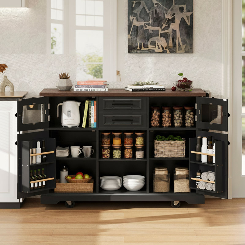 54.89-Inch Black Kitchen Island With Folding Tabletop And Outlets, 4-Door Shelving, Barn Door + Glass Door, 4-Wheel Mobile Storage Trolley
