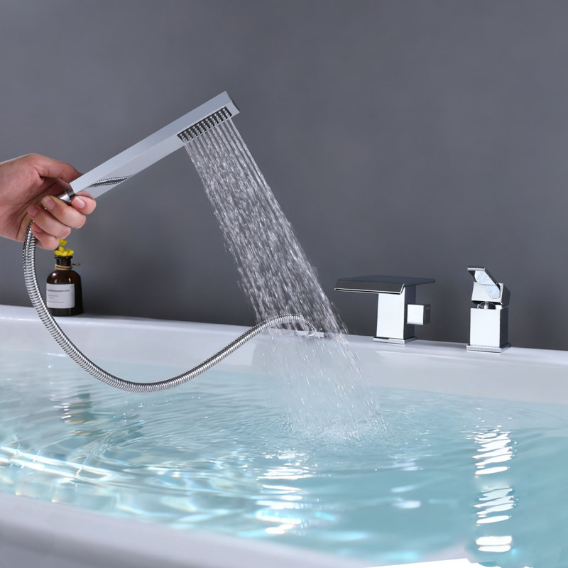 Solid Brass Deck Mounted Waterfall Roman Tub Filler with Hand Shower, Chrome