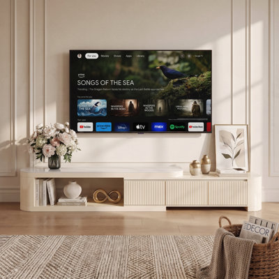 Modern 70.86"–122" Extendable TV Stand – Creamy White Media Console with Sintered Stone Top, 3 Solid Wood Drawers, Fully-Assembled
