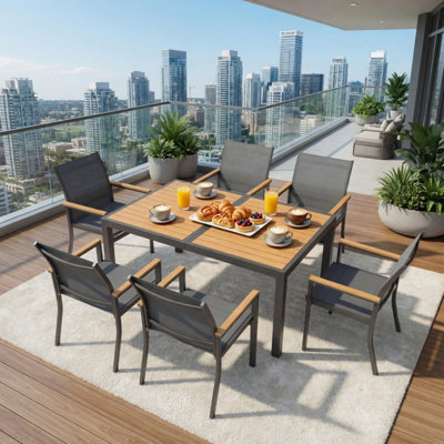 Compact 7-Piece Patio Dining Set for Small Balcony, Space-Saving Aluminum Table (59") & 6 Textilene Reclining Chairs with Rust-Proof HDPS Top for Urban Decks, Condos & Poolside