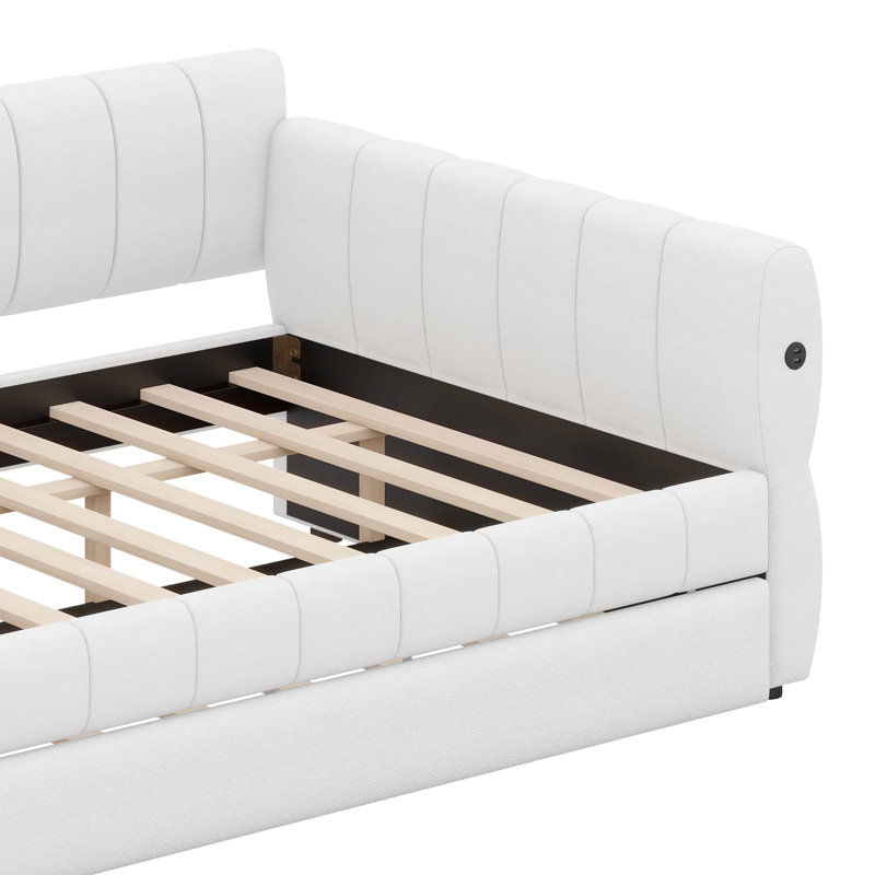 Queen Upholstered Platform Bed With Trundle, White