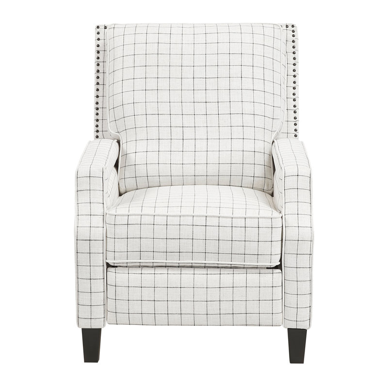 Fauteuil inclinable par pression avec des nuances de style transitionnel, structure en bois massif, système de ressorts rembourrés de mousse, revêtement texturé, détails cloutés, dossier amovible, capacité de poids de 300 lb