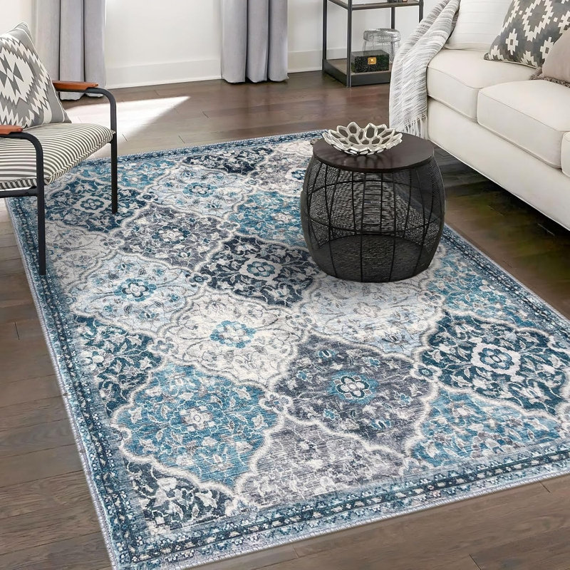 Blue Gray Ogee Medallion Rug 5 x 7 Ft for Living Room